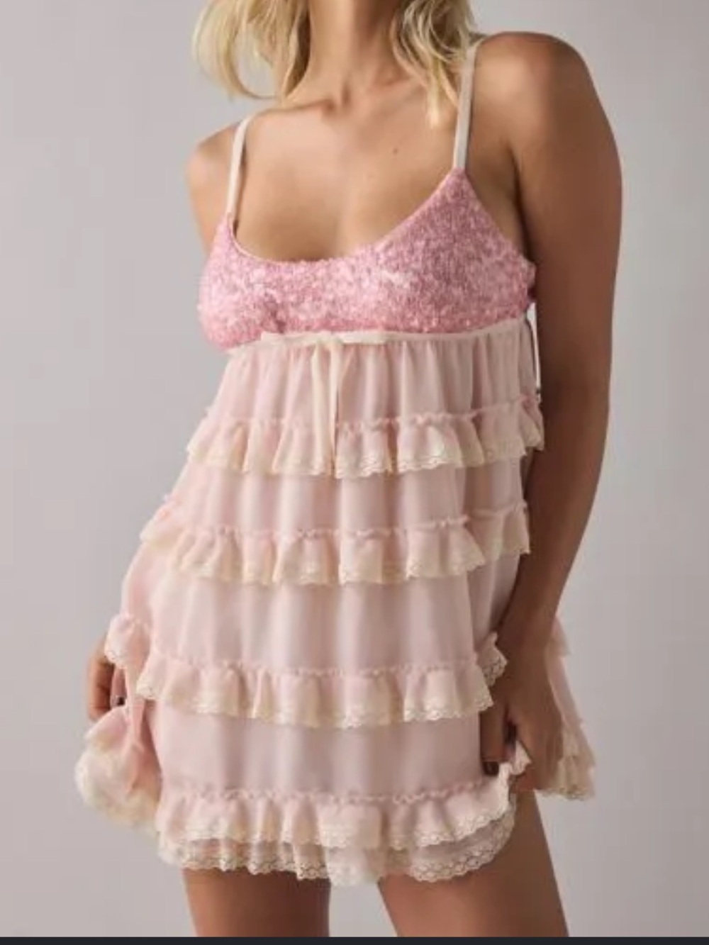 Kimchi Blue Tiered And Tied Ruffle Babydoll Romper in Pink NWT